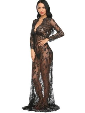Long Sexy Black Floral Lace Maxi Dress Sheer Full Length Gown Stretch Lingerie